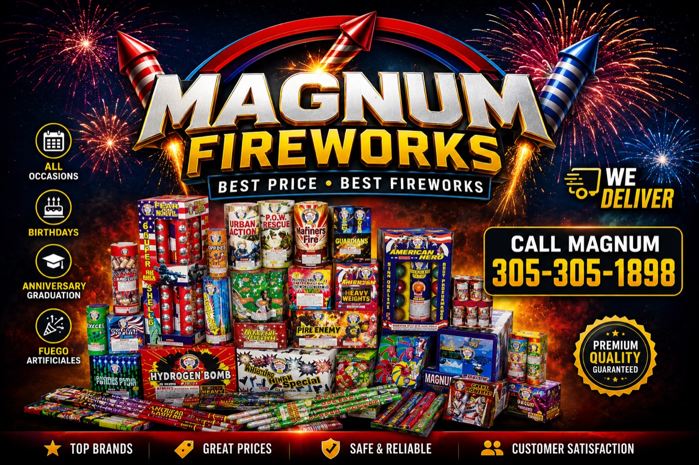 A huge display of Magnum Fireworks inventory — artillery shells, mortars, fountains and more.